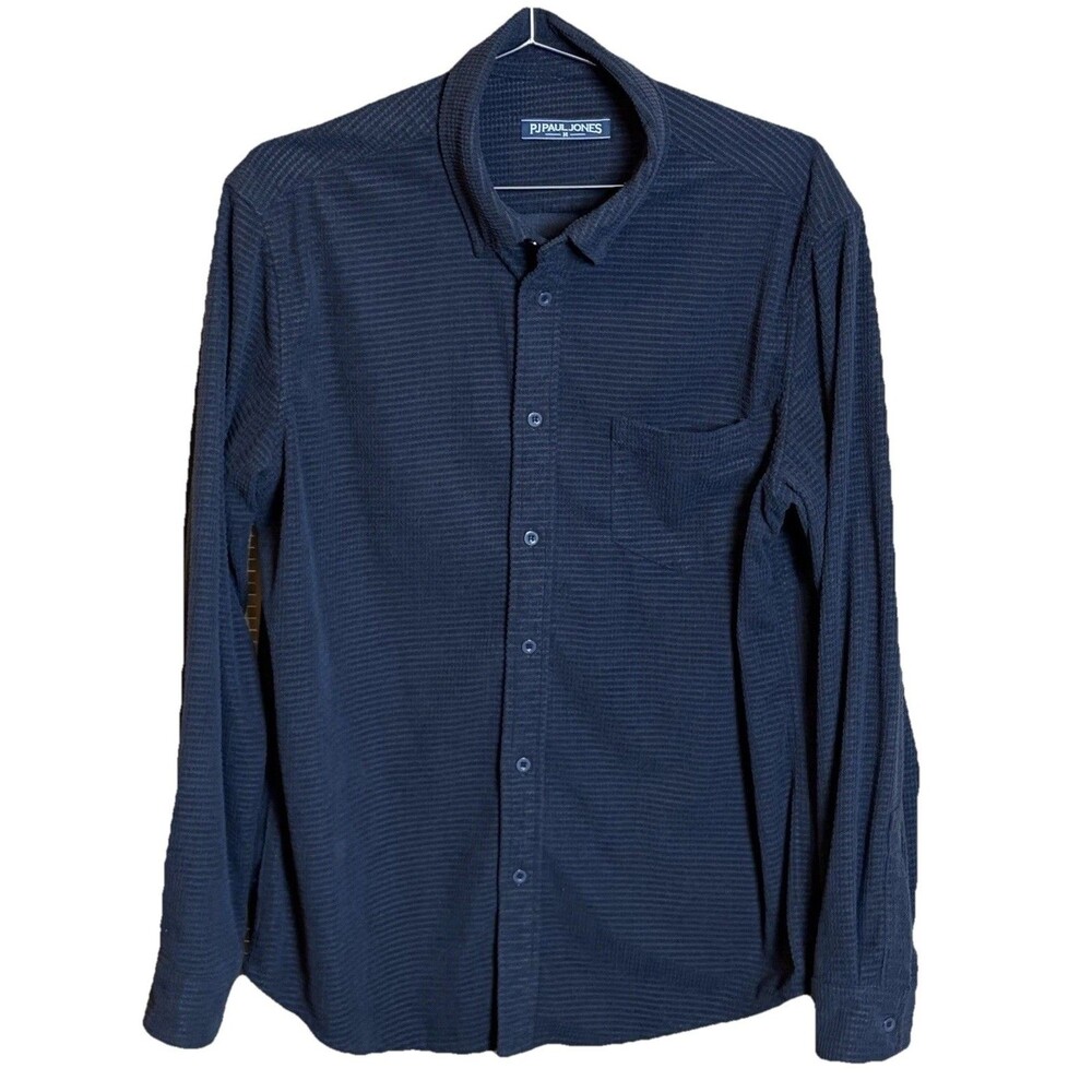 PJ PAUL JONES Men’s Black Waffle Textured Long Sleeve Button Dress Shirt M Flaw